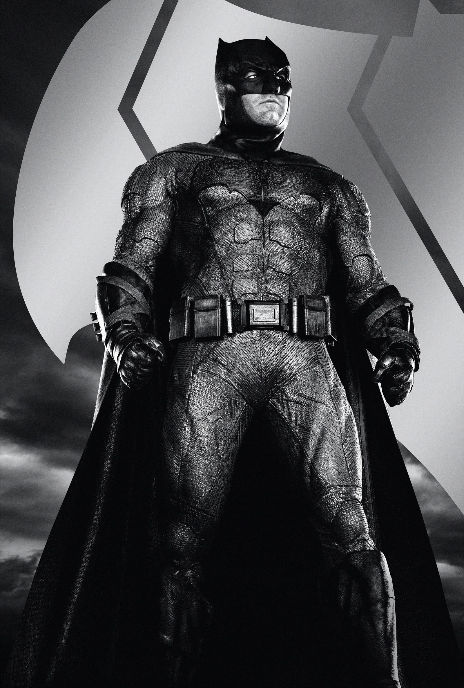 Batman in a black and white photo with a large shield (zack snyders justice league, batman, dc comics, monochrome, 2021 movies)