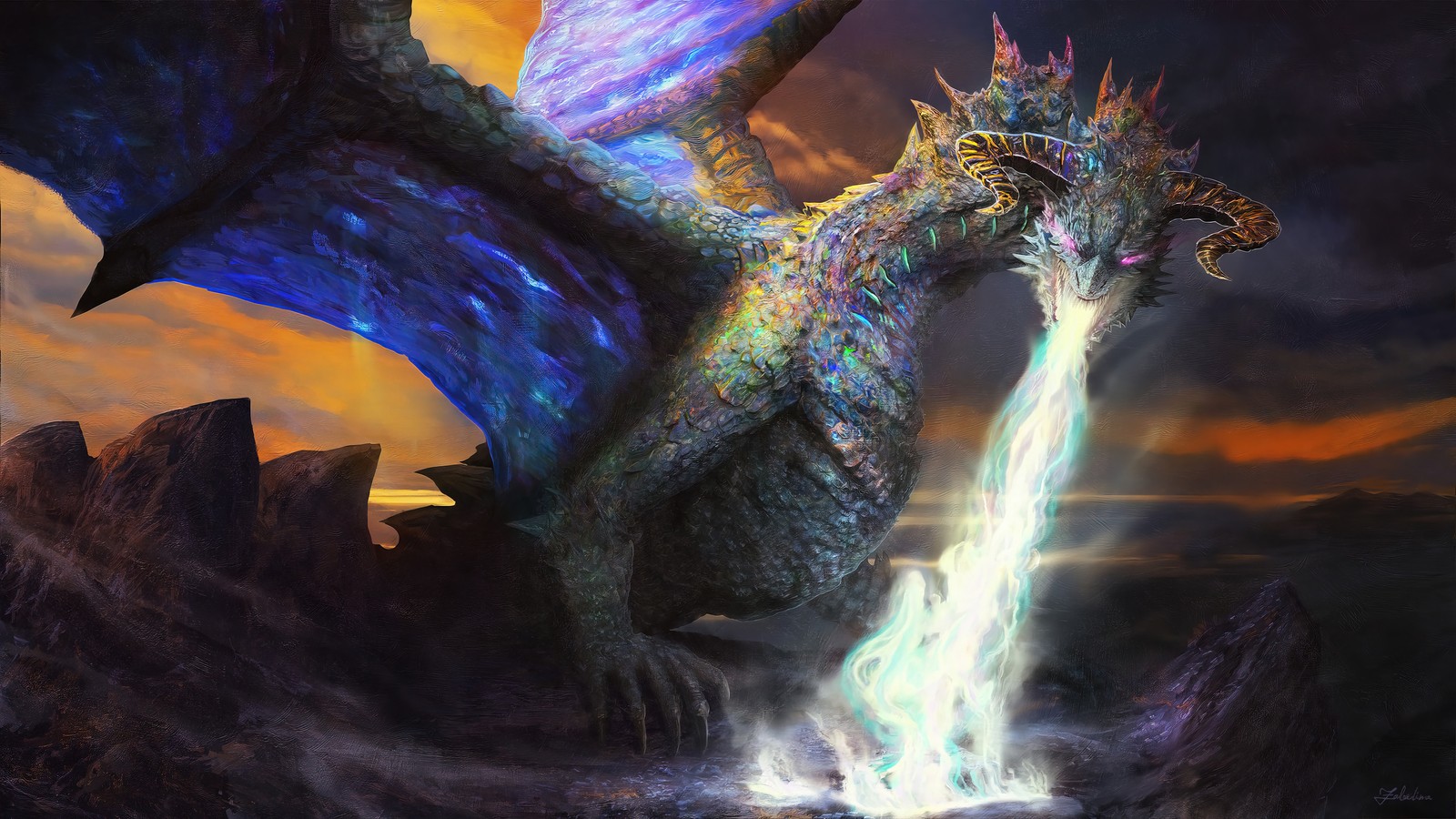 Un gros plan d'un dragon avec une cascade en arrière-plan (dragon, flamme, souffle, fantaisie, art)