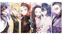 Retratos dinâmicos de personagens de 'Kimetsu no Yaiba' cercados por flores vibrantes