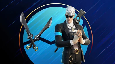 Personagem do Fortnite com espadas duplas em traje elegante