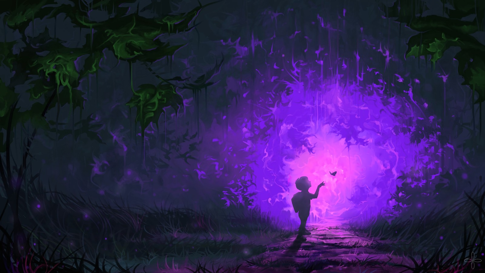 Un homme se tenant dans une forêt sombre avec une lumière violette (violet, nature, vert, lumière, obscurité)