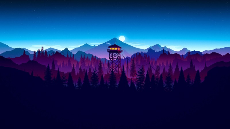 Вид на башню посреди леса (пожарная охрана, firewatch, панорама, горы, ясное небо)