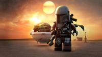 Lego Star Wars: The Skywalker Saga featuring The Mandalorian and Baby Yoda at sunset