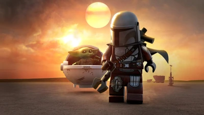 Lego Star Wars: La Saga Skywalker con El Mandaloriano y Baby Yoda al atardecer