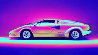 Lebendiger Lamborghini Countach in einer auffälligen Neonumgebung.