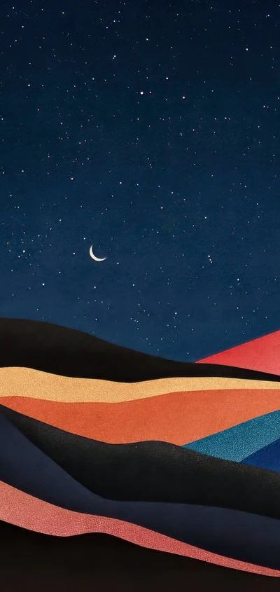 Crescent Moon Over Vibrant Geometric Landscape at Night