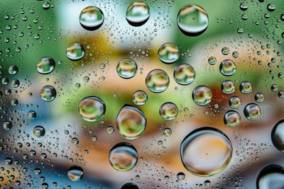 Close-up de gotas de água em uma superfície de vidro com reflexos da natureza