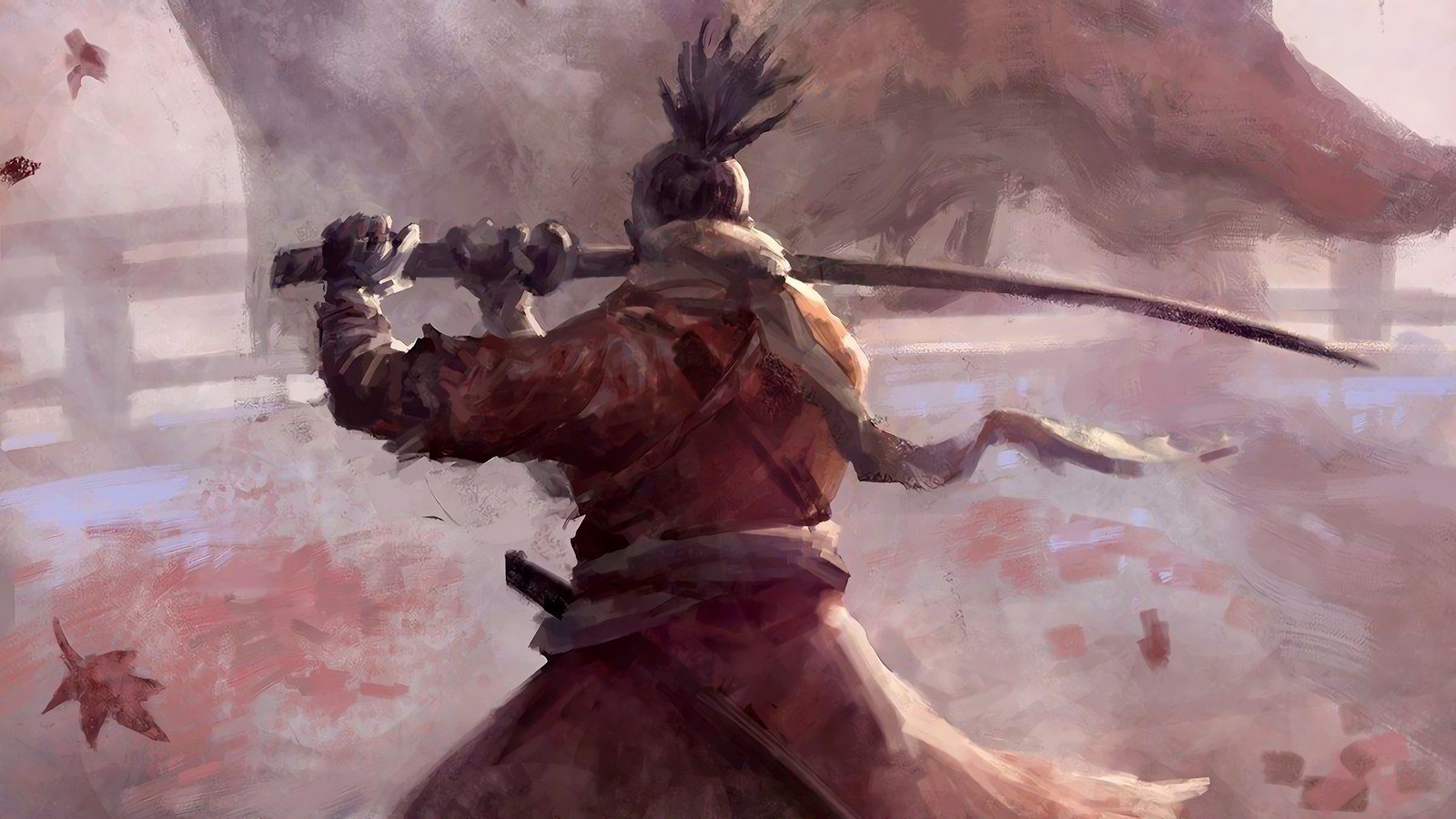 Una pintura de un hombre con una túnica roja sosteniendo una espada (sekiro shadows die twice, videojuego)