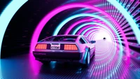 DeLorean rétro dans un tunnel néon : Une aventure numérique Outrun