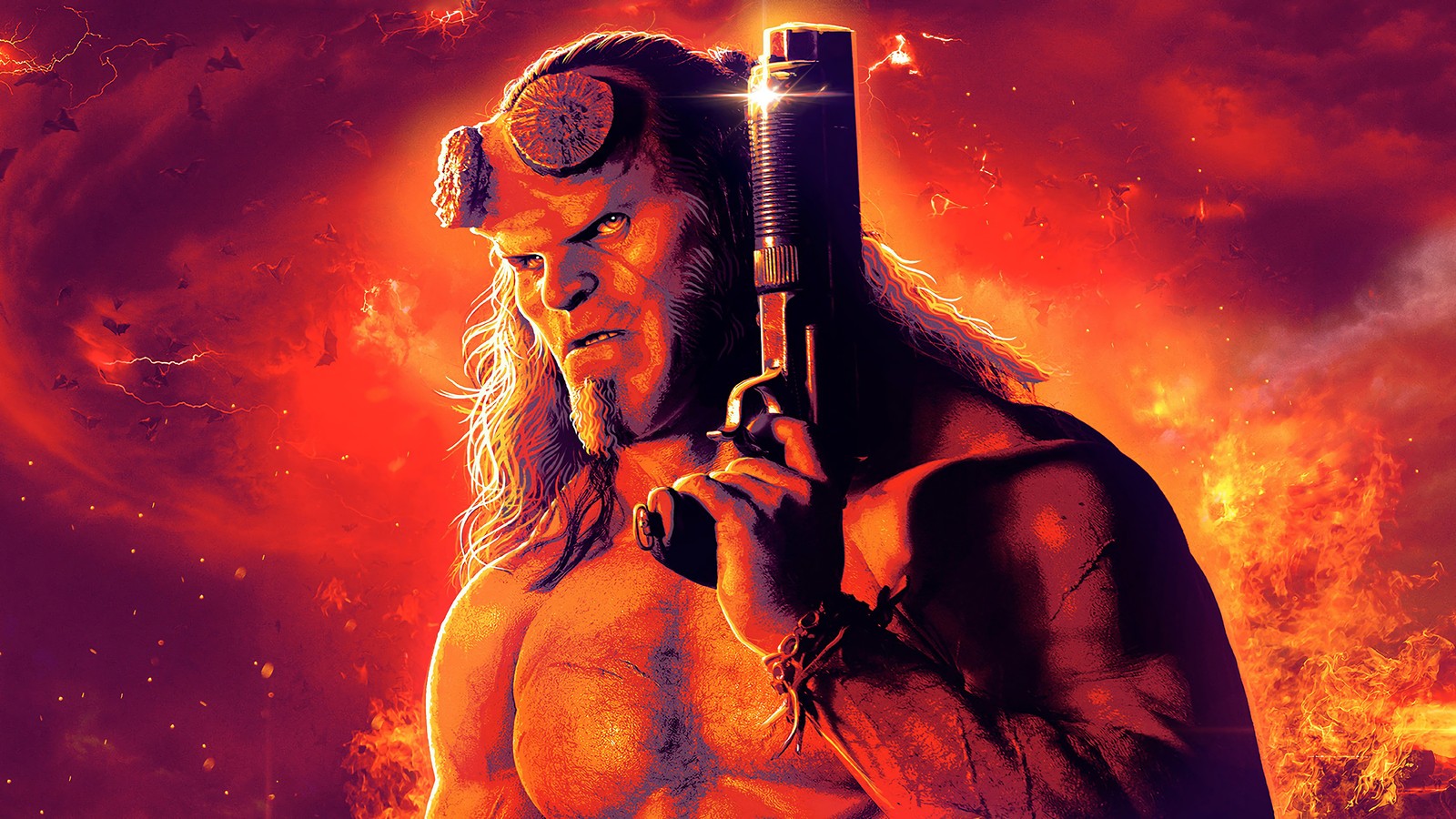 Hellboy con una pistola en la mano y un fondo rojo (hellboy 2019, película, hellboy)