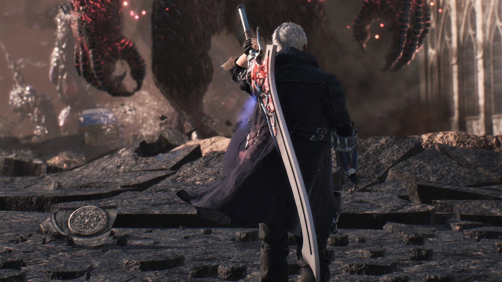 A close up of a person holding a sword in a field (nero, devil may cry 5, video game)