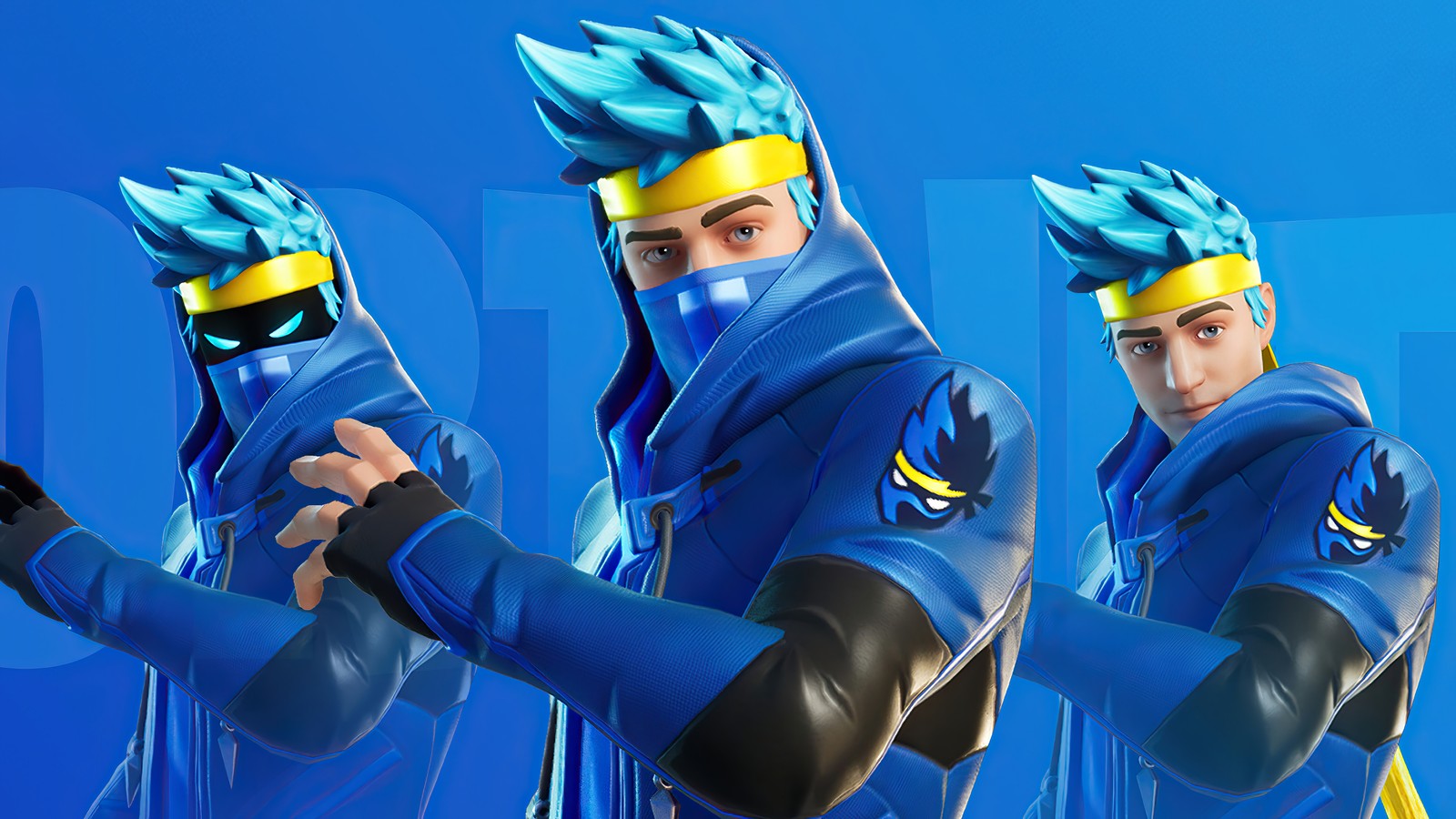 A close up of a person in a blue outfit holding a gun (ninja, fortnite, fortnite battle royale, video game, skin)