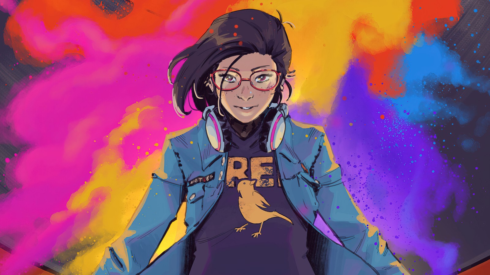 Una imagen de dibujos animados de una mujer con gafas y chaqueta (life is strange true colors, videojuego, alex chen)