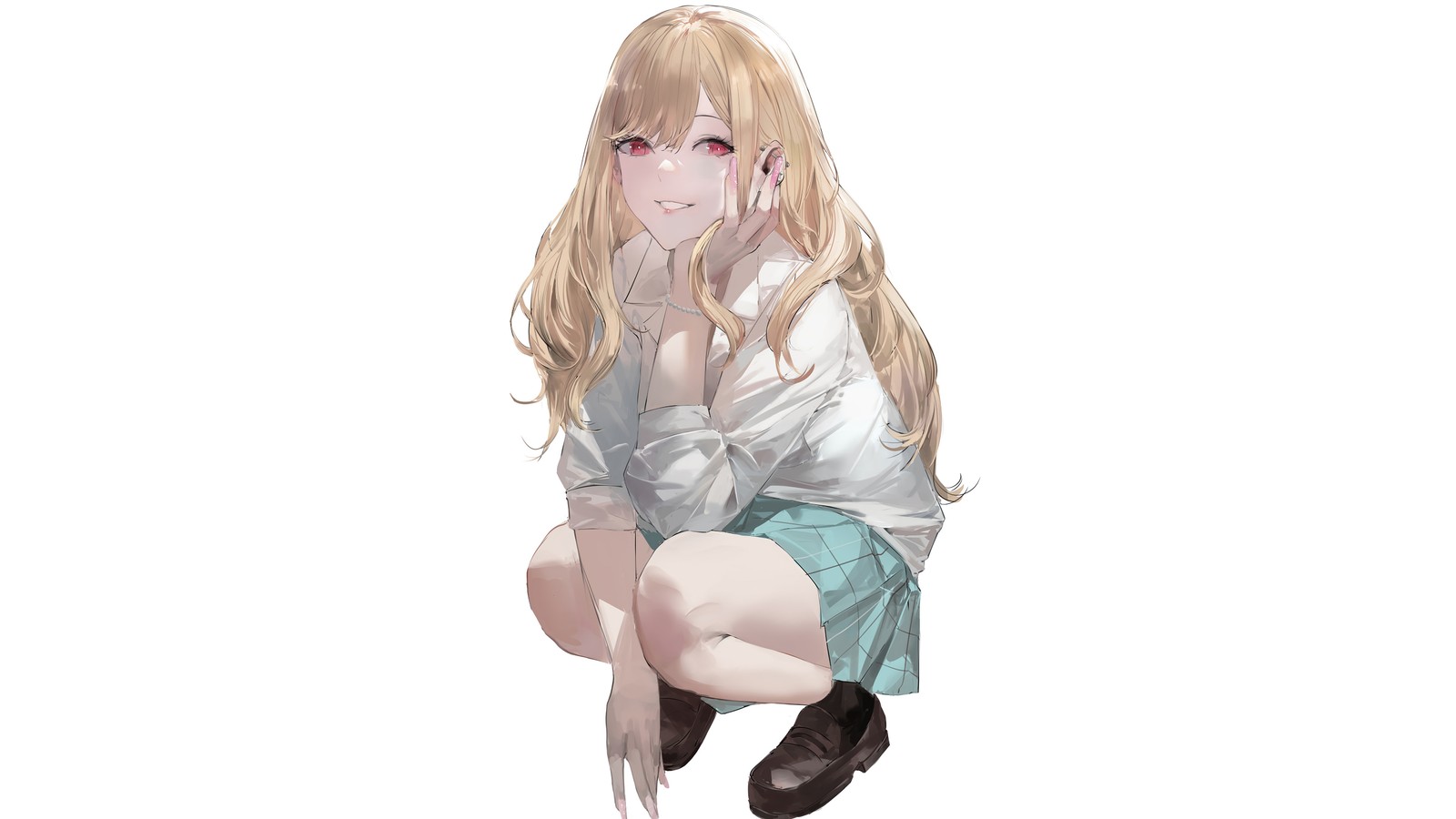 Anime, une fille aux longs cheveux blonds et à la chemise blanche est à genoux (marin kitagawa, ma poupée habillée, anime, その着せ替え人形は恋をする, sono kisekae ningyou wa koi wo suru)