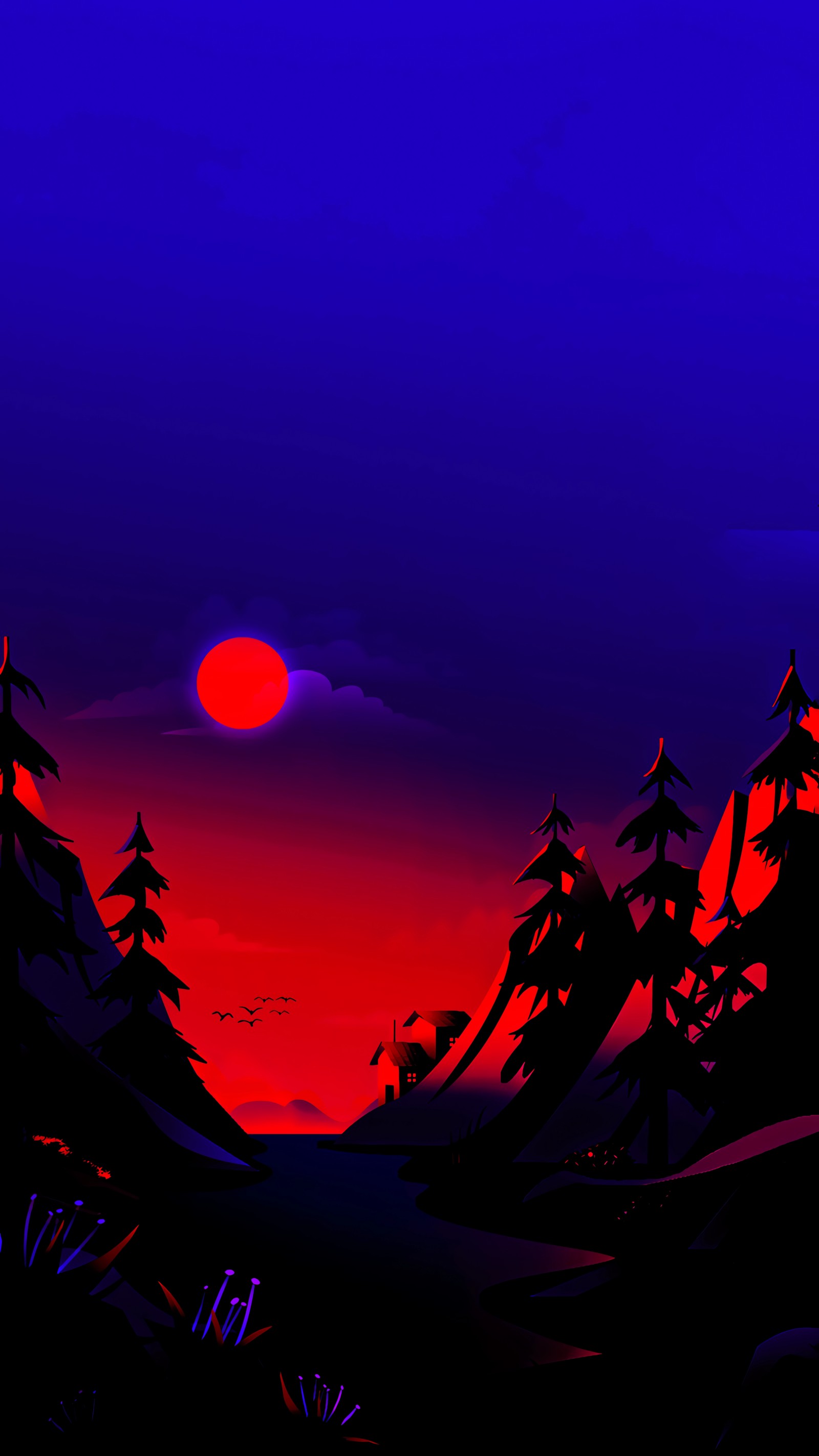 There is a red sun setting over a mountain with trees (fortnite, atmosphere, afterglow, dusk, natural landscape)