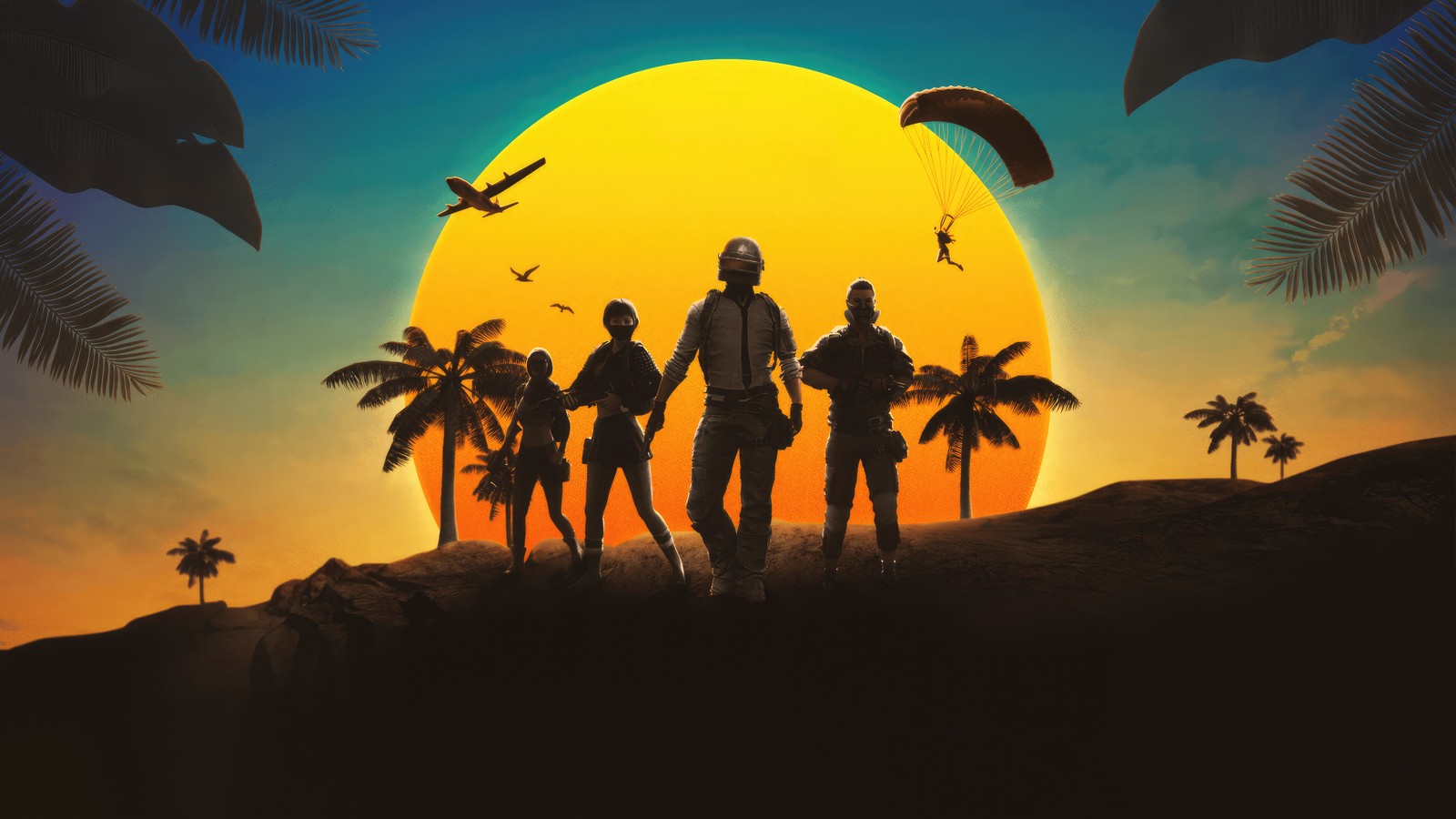 A group of people standing on top of a hill under a sunset (pubg, 2023, games, 4k wallpaper)