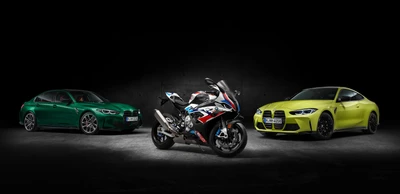 BMW Performance Трио: M3 Competition, M4 Competition и M 1000 RR на смелом черном фоне