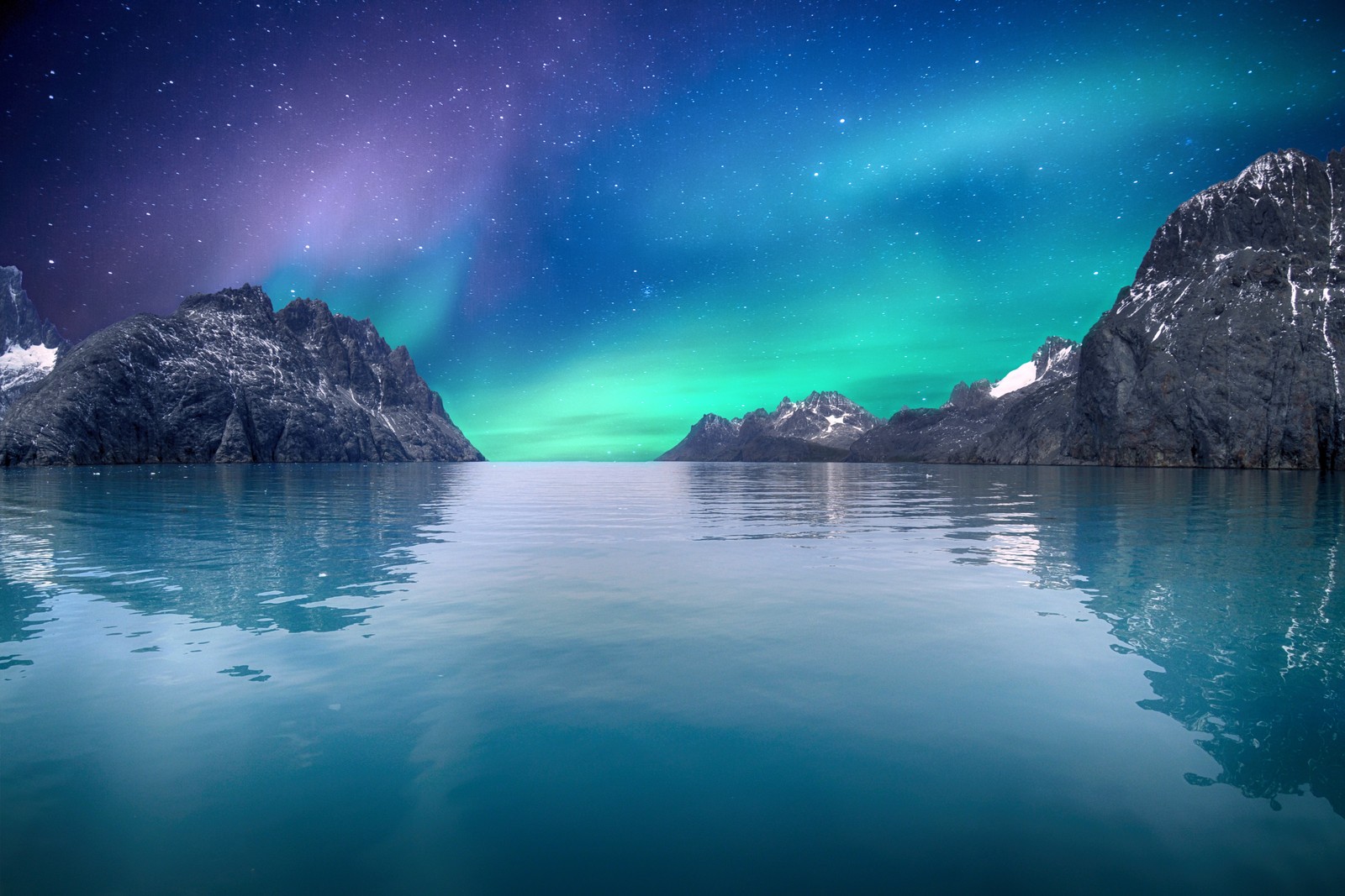 Descargar fondo de pantalla auroras boreales, mar, cielo azul, estrellas, reflexión