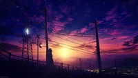 Silhouette d'une fille anime contre un ciel de coucher de soleil vibrant