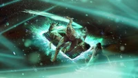 Ciri wielding her sword in an underwater scene, surrounded by ethereal light and wolves, inspired by Gwent: The Witcher Card Game.