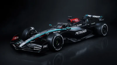 Mercedes AMG F1 W15 E Performance: Carro de Fórmula Um 2024 em fundo escuro