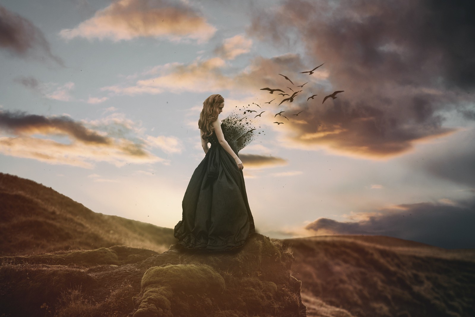 Arafed woman in a long dress standing on a rock with birds flying around (cloud, atmosphere, landscape, horizon, love)