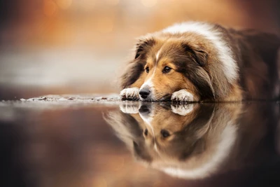 Shetland Sheepdog reflejándose en agua tranquila con una expresión melancólica