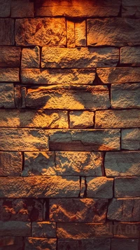 Illuminated Textured Stone Wall in Warm Amber Tones