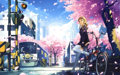 Serene Urban Scene: A Young Woman on a Bicycle Amidst Cherry Blossoms and Trains