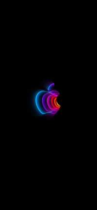 Logo de manzana de neón con destello de lente azul eléctrico y magenta