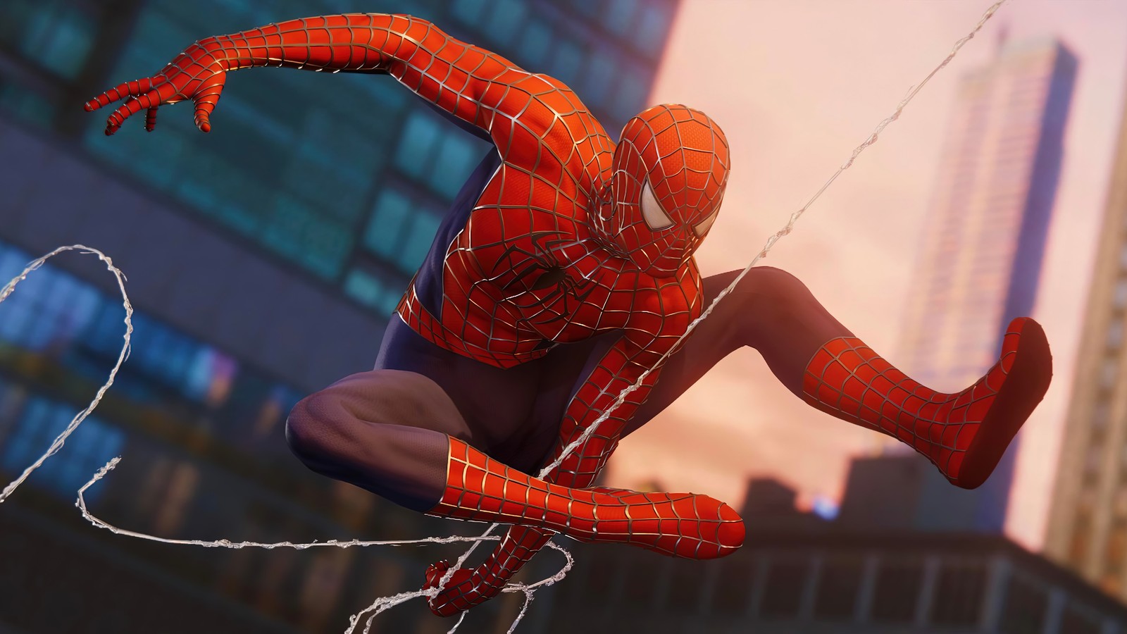 Spider-man en un costume balance une corde devant une ville (marvels spider man, playstation 4, ps4, jeu vidéo, peter parker)