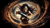 Gal Gadot als Wonder Woman in einer dynamischen kosmischen Darstellung