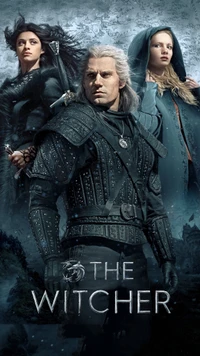 Geralt of Rivia stands confidently at the center, flanked by two women, all in detailed medieval attire against a mystical backdrop, embodying the essence of "The Witcher.