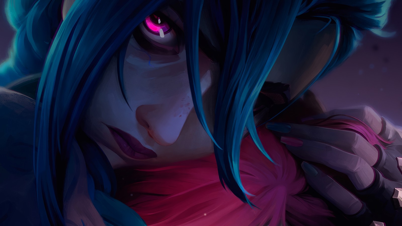 A close up of a person with blue hair and a pink shirt (arcane series, season 2, tv series, league of legends, jinx)