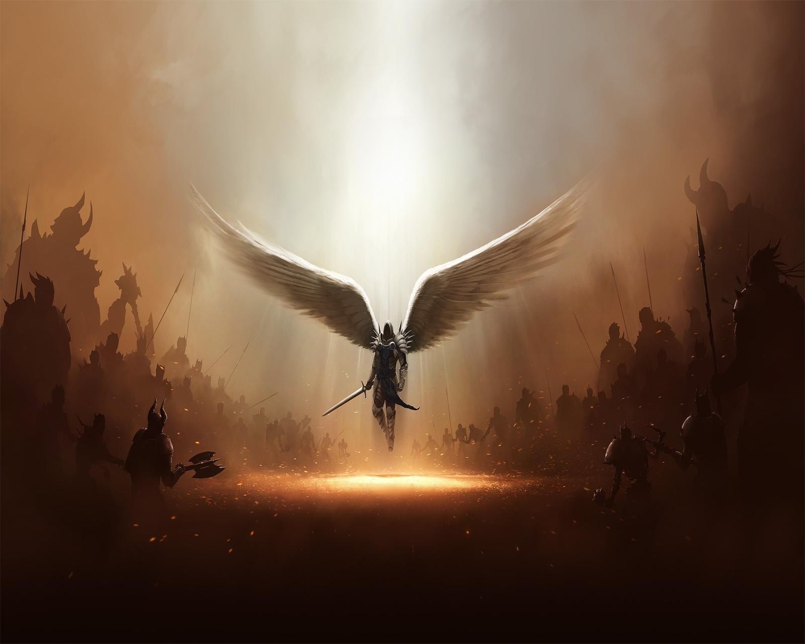 There is a man with a sword and wings flying over a crowd (angel, dark angel, game, pc)