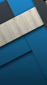 Abstract design featuring layered geometric shapes in blue, gray, and wood textures.