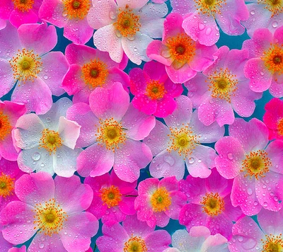 Papel tapiz floral rosa vibrante con gotas de rocío