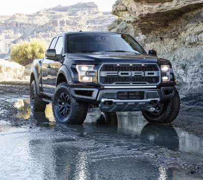 Black Ford Raptor in rugged American landscape.