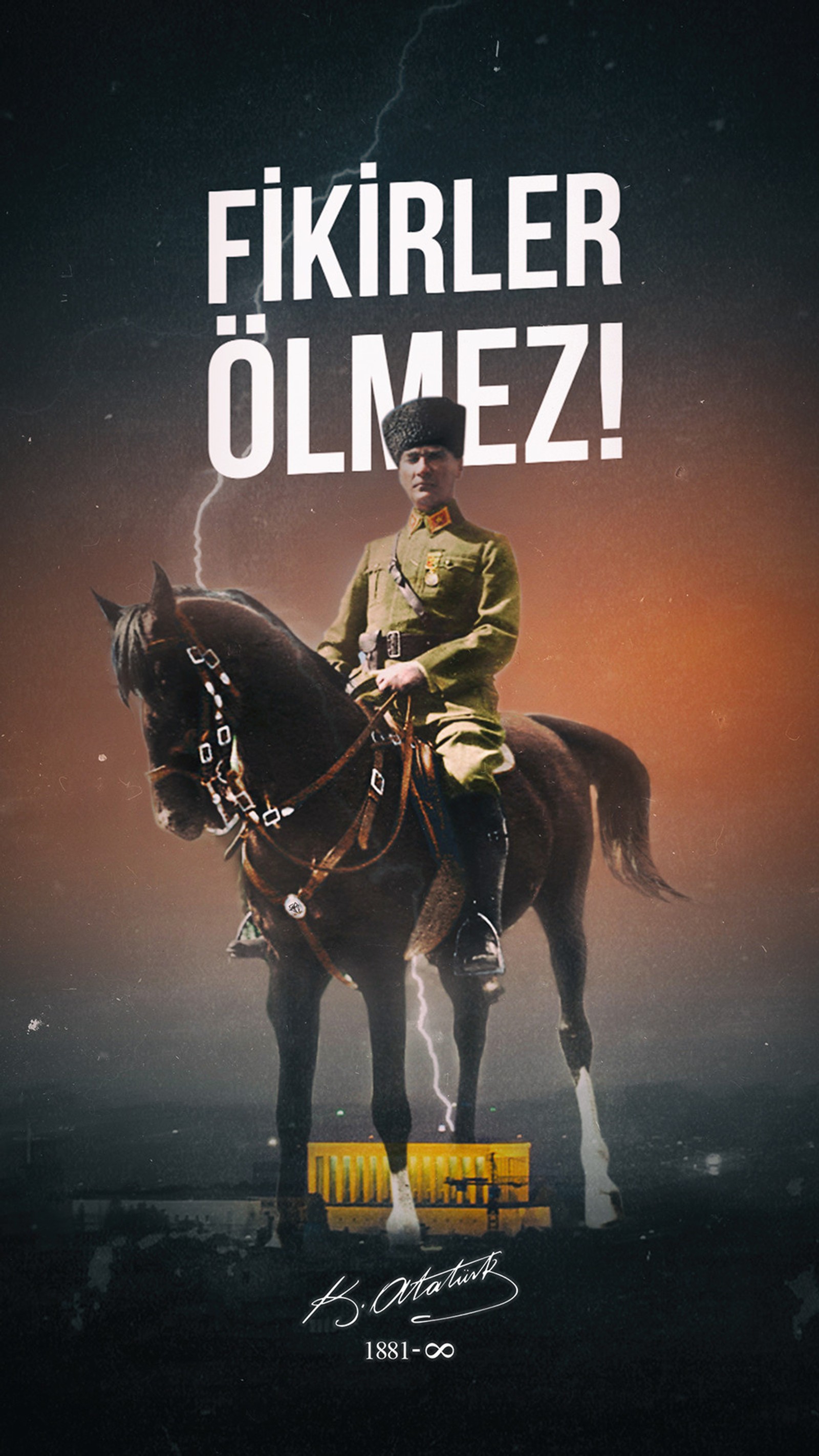 There is a man riding a horse with a lightning bolt in the background (ataturk, milliyetci, turanci, turk, turkcu)