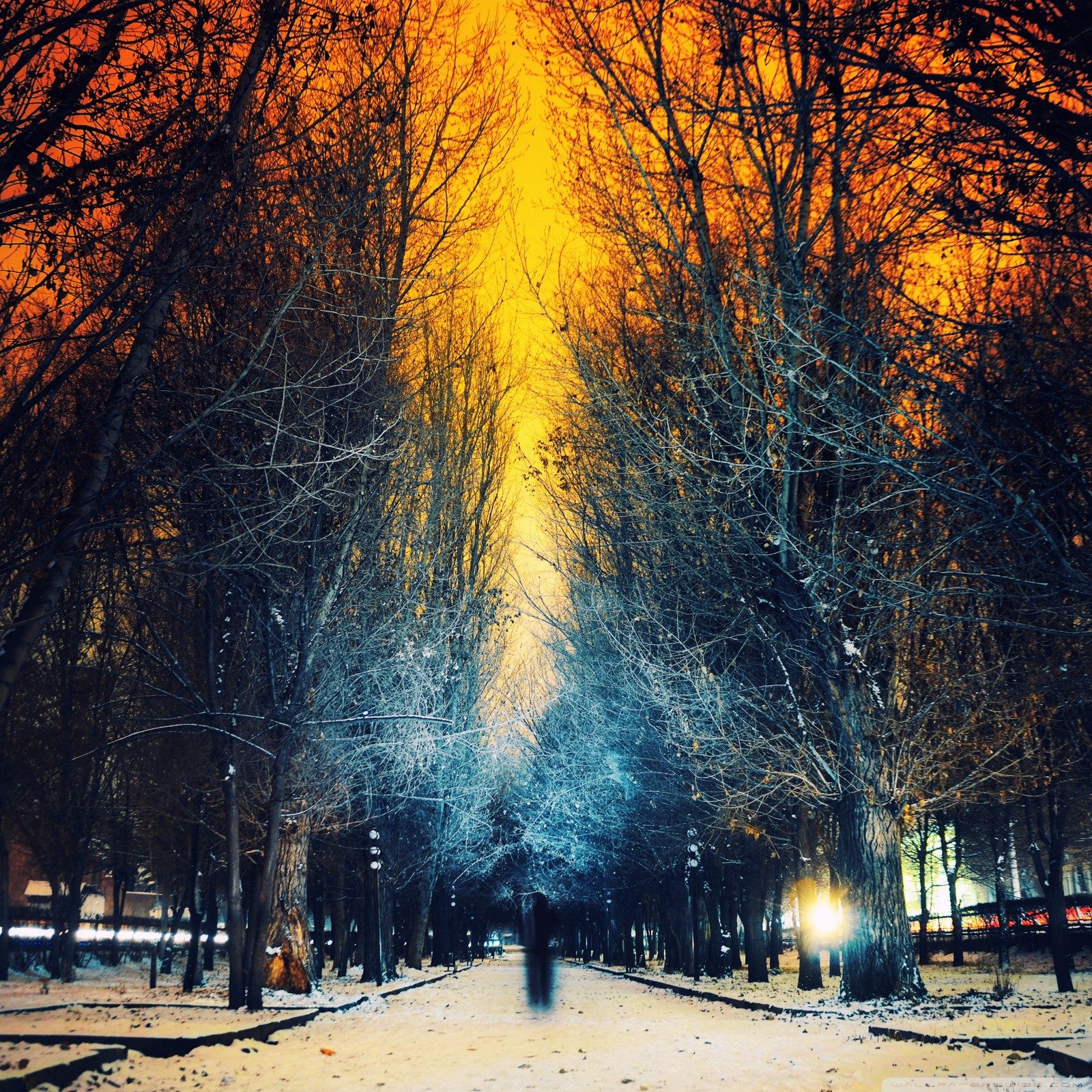 Une image d'une personne marchant sur un chemin enneigé (artistique, ville, neige, hiver)