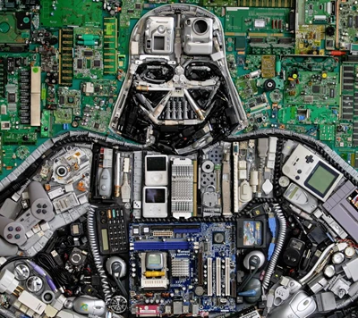 Technologischer Darth Vader: Ein Schaltkreis-Collage der Star Wars Ikonografie