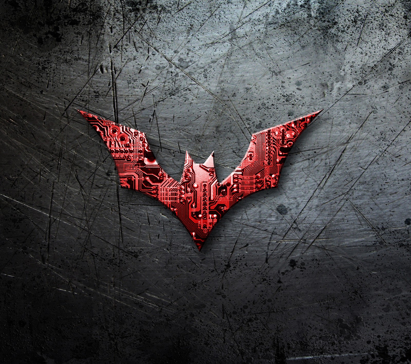 Logo de batman en una superficie metálica con un fondo rojo (batman, logotipo)