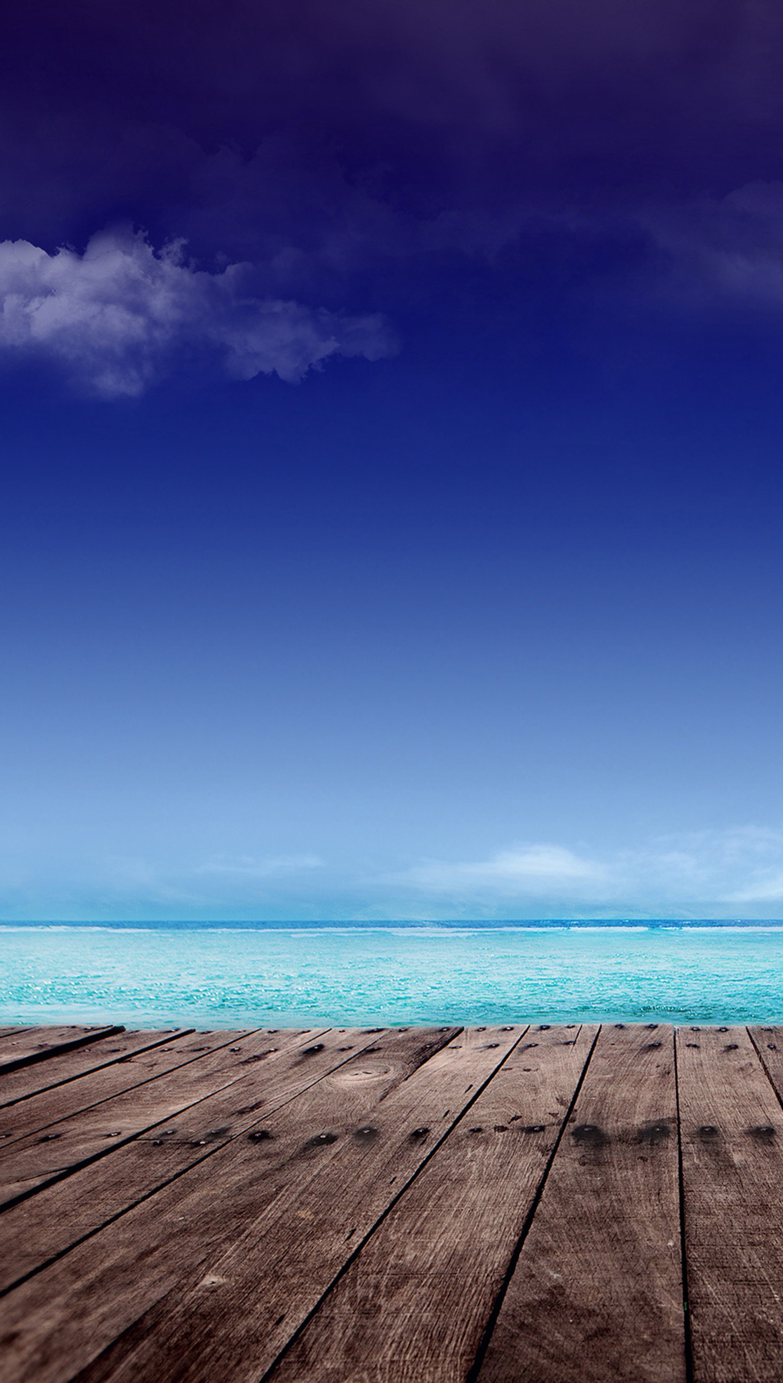 There is a wooden floor with a view of the ocean (beach, nature)