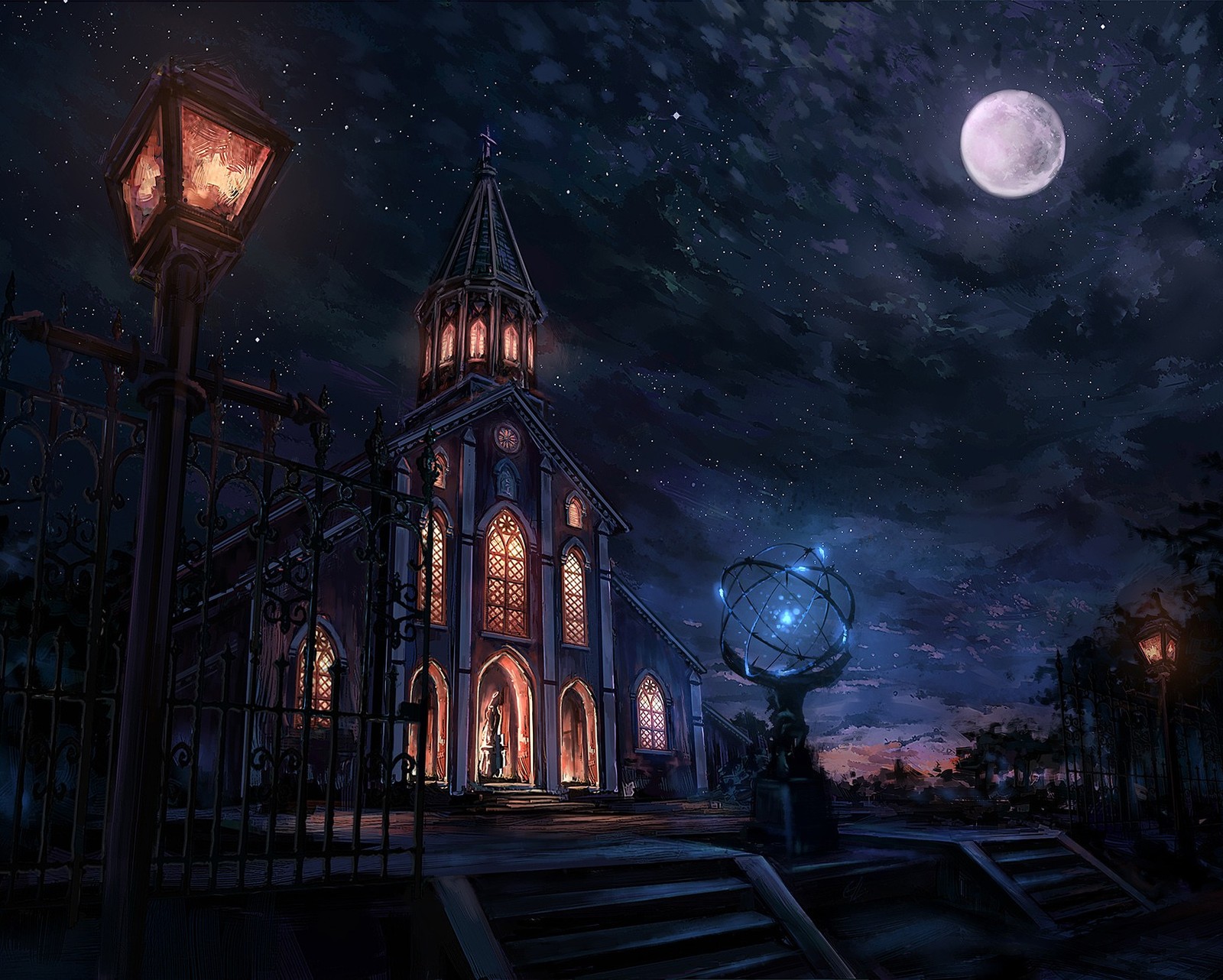 Nighttime scene of a gothic church with a clock tower and a full moon (castle, dark, fate, lights, moon)