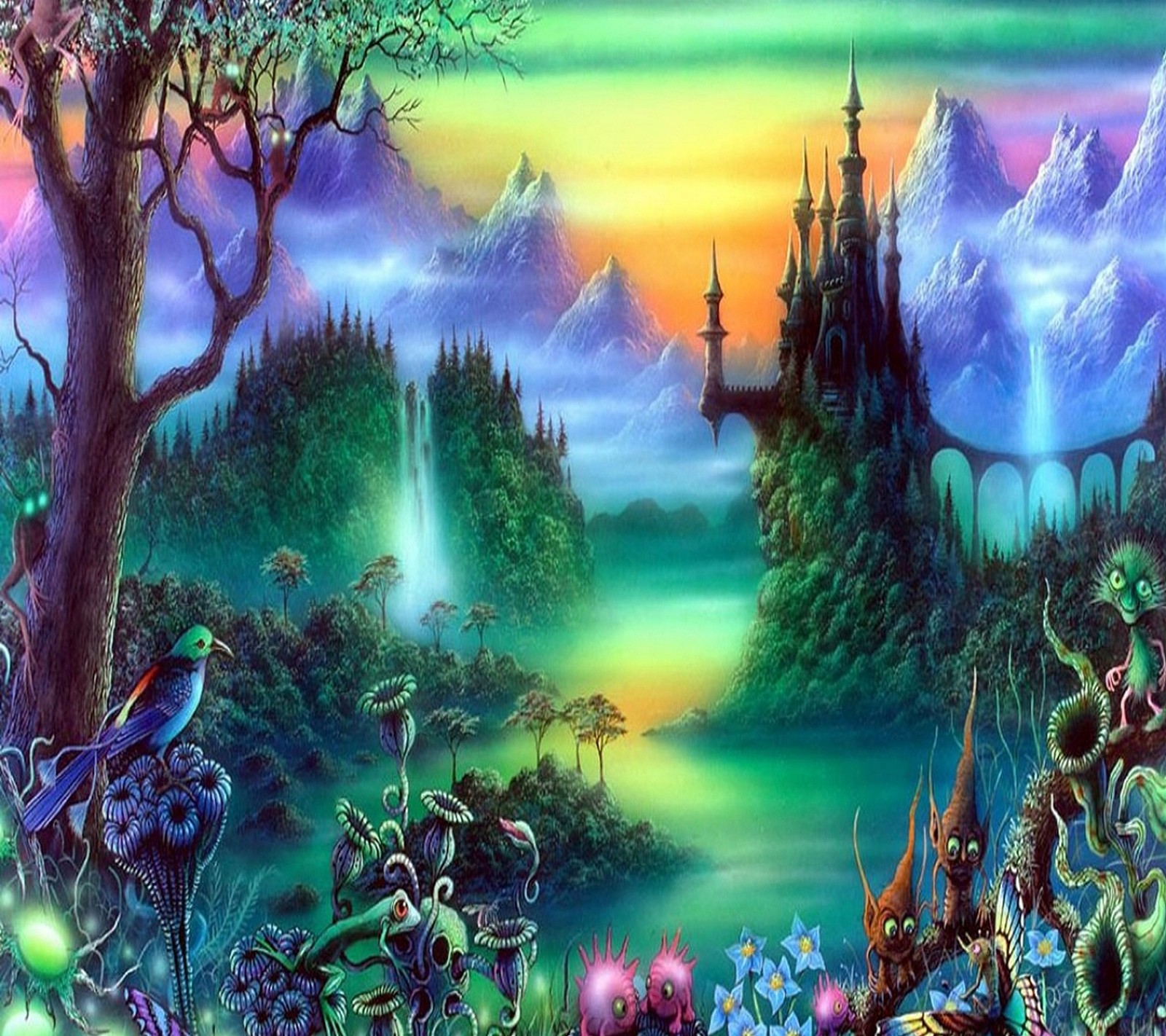 A painting of a fantasy castle surrounded by trees and flowers (fantasy, nature)