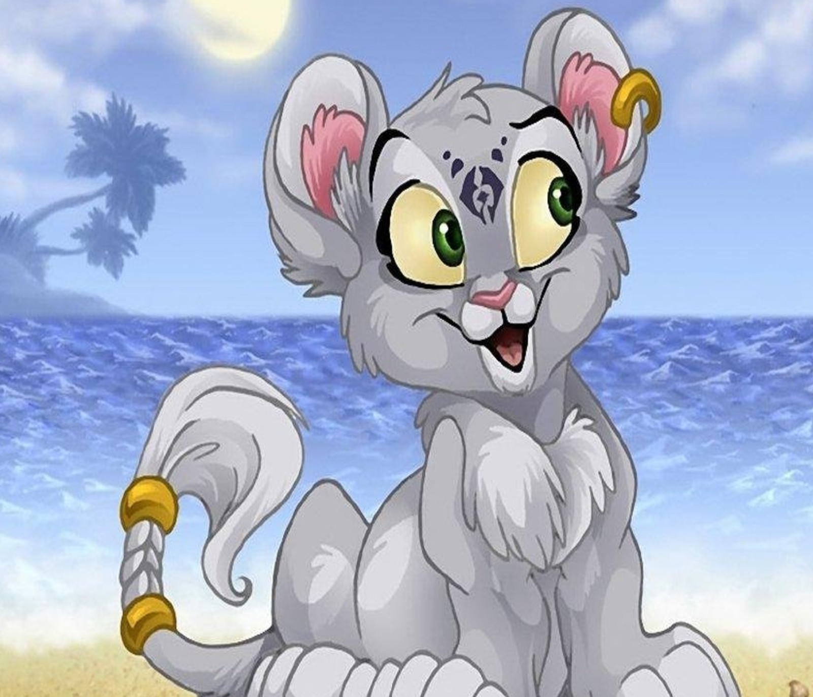 Cartoon cat sitting on the beach with a rope in its mouth (cartoons, wolf)