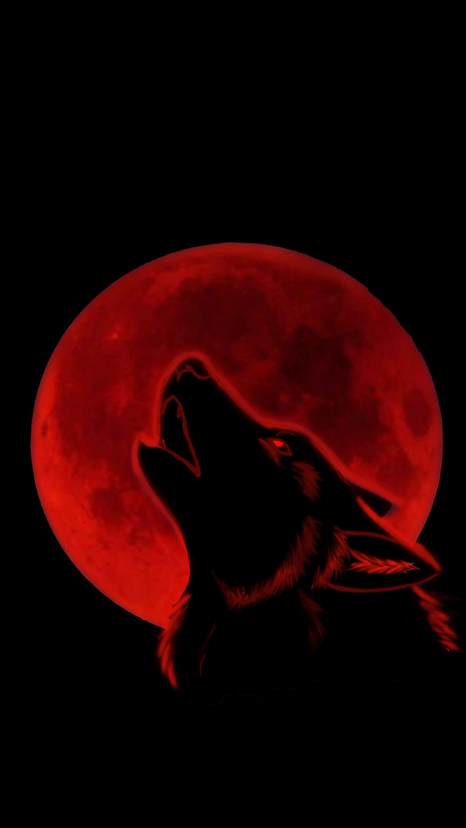 Imagen panorámica de un lobo aullando a una luna roja (animal, negro, perro, luna, rojo)