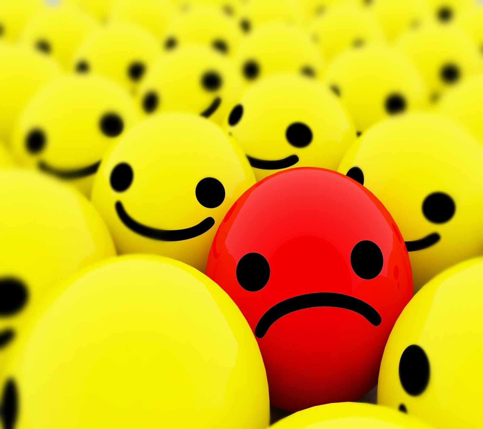 Yellow balls with black faces and a red smiley face in the middle (3d, red, smileys, yellow)