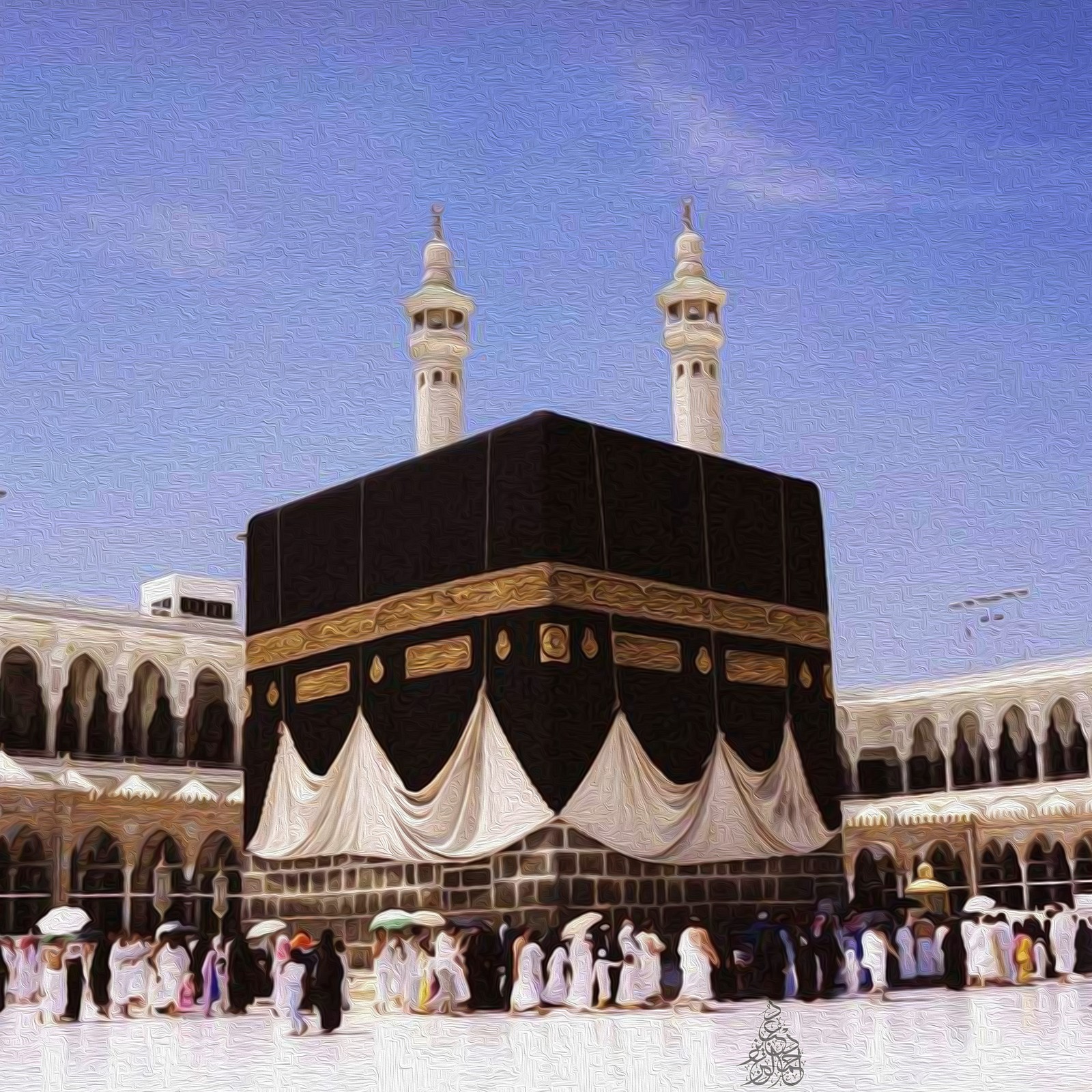 Vista aéra de un grupo de personas de pie alrededor de un edificio (hajj, mezquita sagrada, ihram, islam, kaaba)