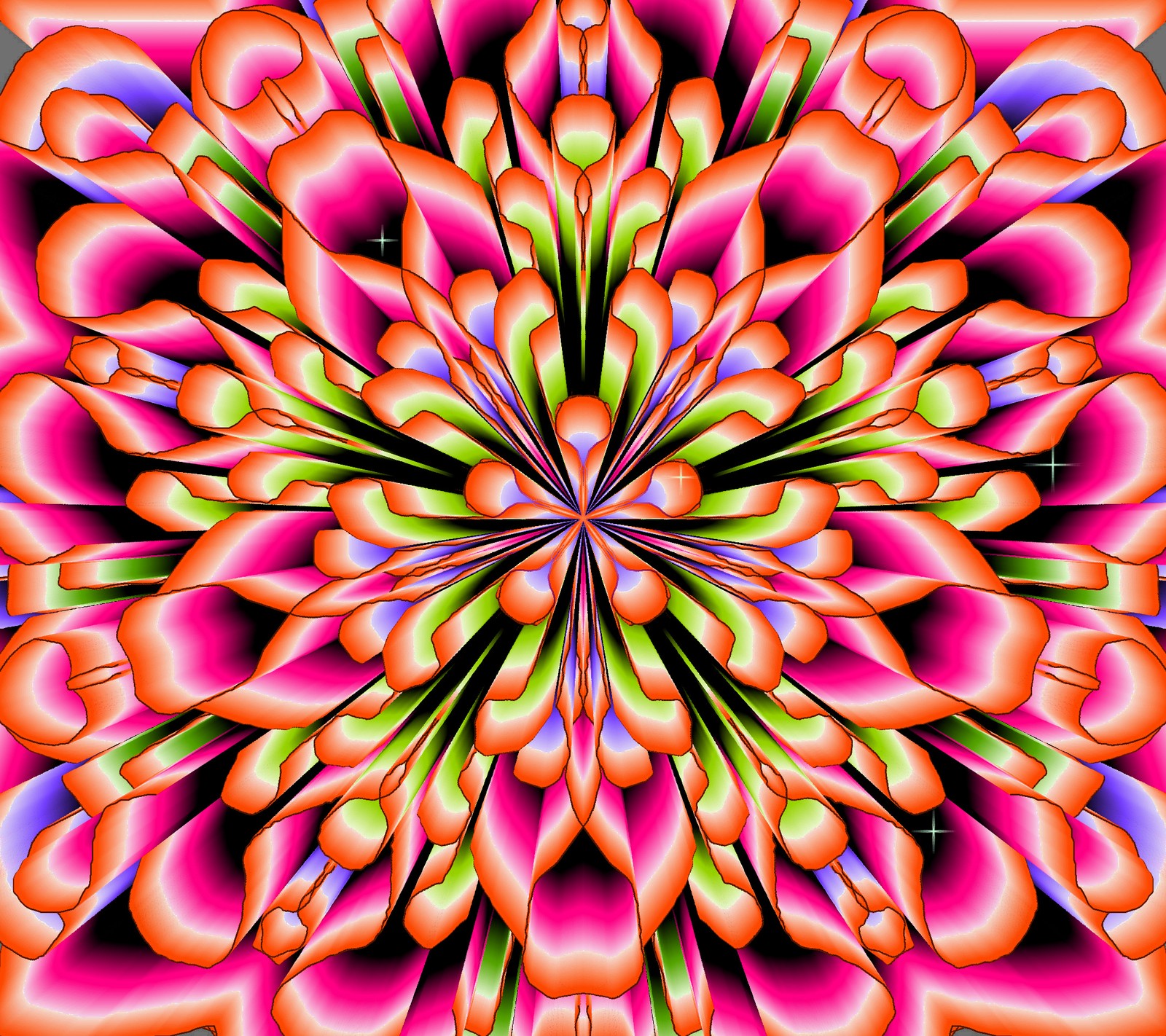 Un primer plano de una flor colorida con fondo negro (abstracto, mandala, volante)